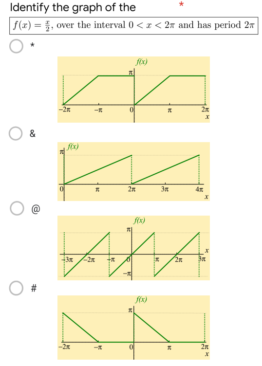 Identify the graph of the
|f(x) = 2, over the interval 0 < x < 27 and has period 2
f(x)
-2π
&
#
70
……………….
f(x)
-π
3r -2π
-2π
π
-TT
+π
T
0
2πt
à
70
f(x)
0
f(x)
R
ETC
π
3πt
TU
2π
5
2π
x
4t
X
x
3π
2πt
X
5