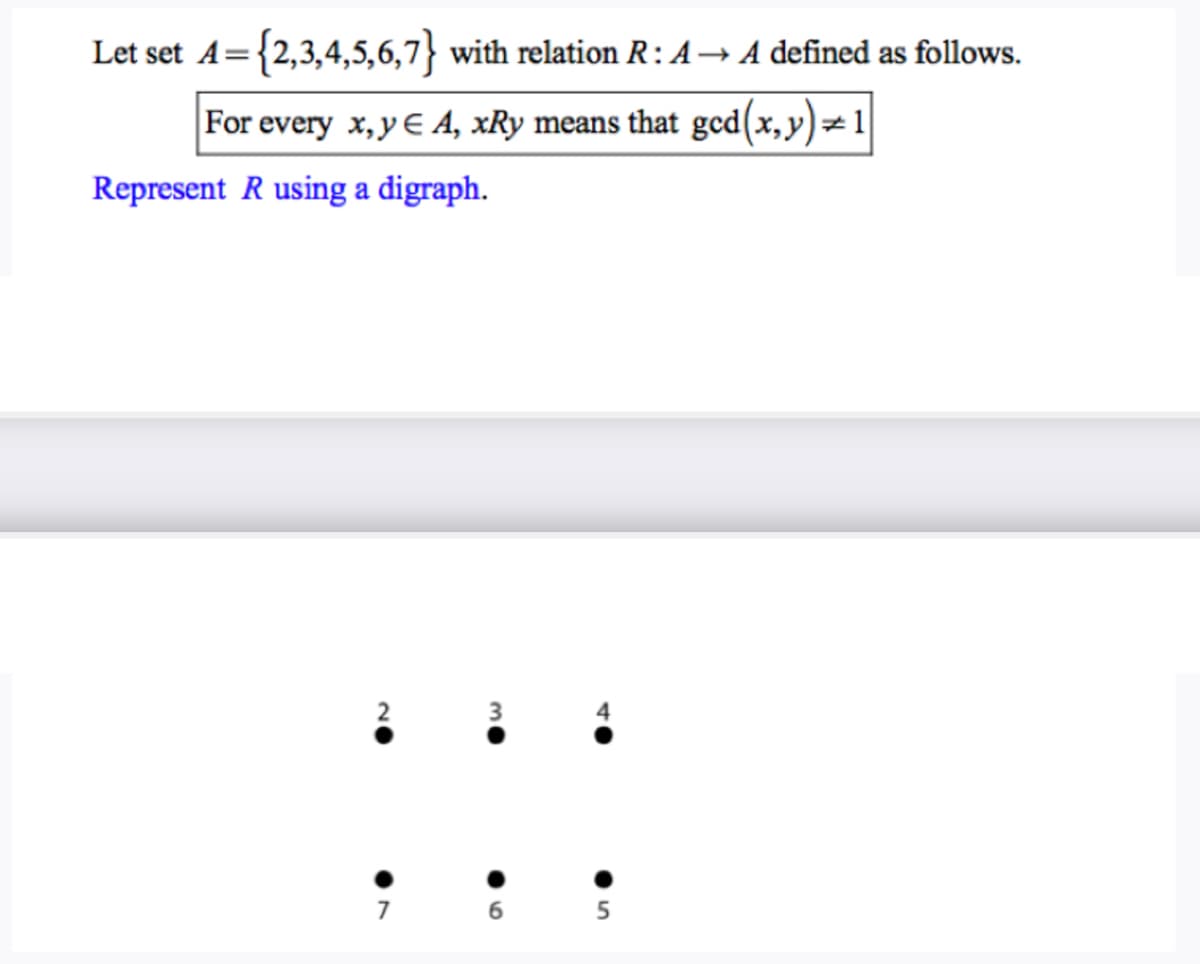 Let set A={2,3,4,5,6,7} with relation R: A→ A defined as follows.
For every x, y € A, xRy means that ged(x,y)=1
Represent R using a digraph.
2
NO
7
3
65