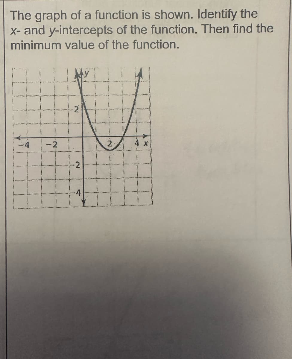 The graph of a function is shown. Identify the
x- and y-intercepts of the function. Then find the
minimum value of the function.
www
N.
-2.
4
2
4 X