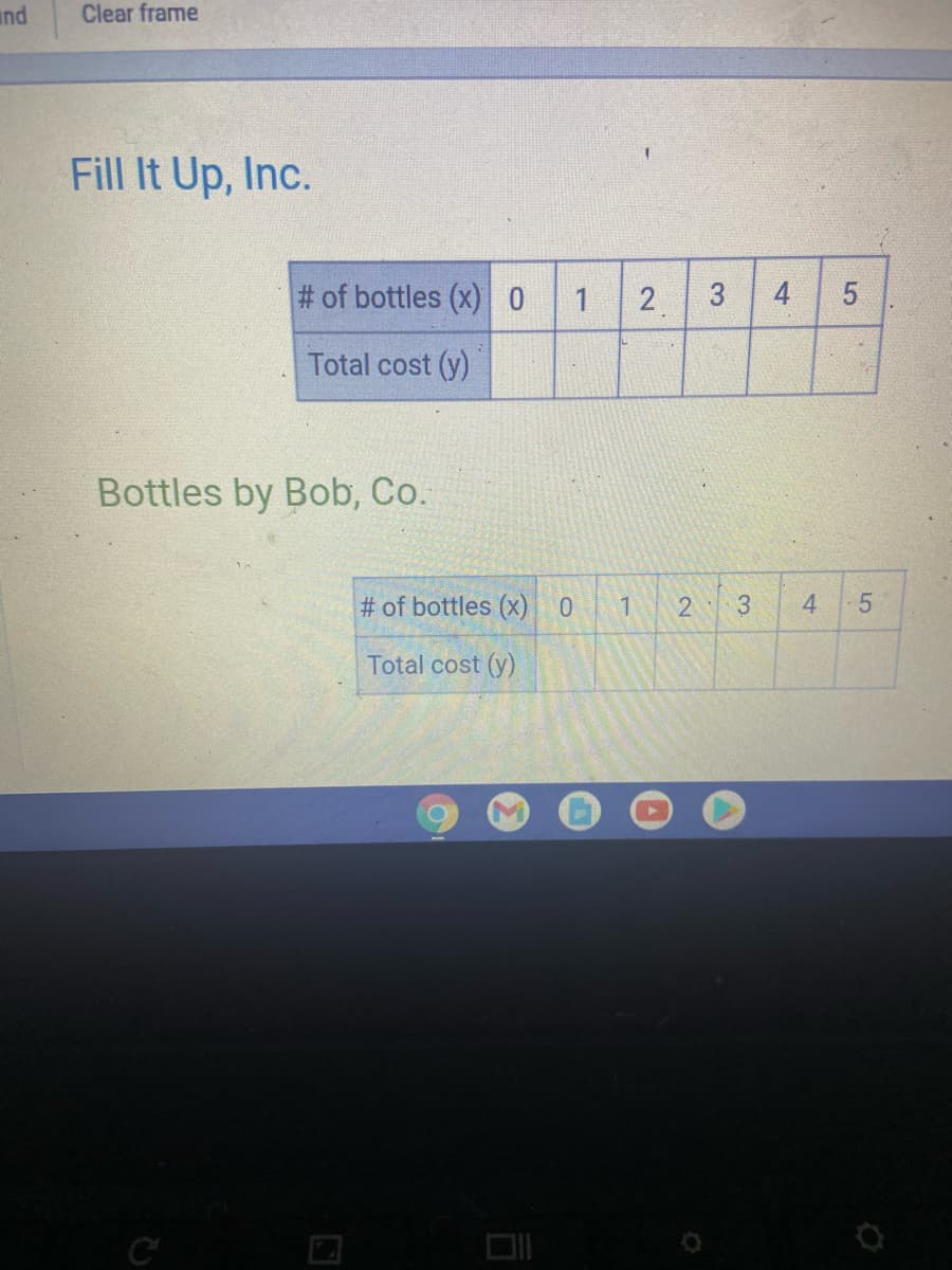 und
Clear frame
Fill It Up, Inc.
# of bottles (x)0
1
3
4
Total cost (y)
Bottles by Bob, Co.
# of bottles (x) 0
2
3
4
Total cost (y)
C
5
2.
