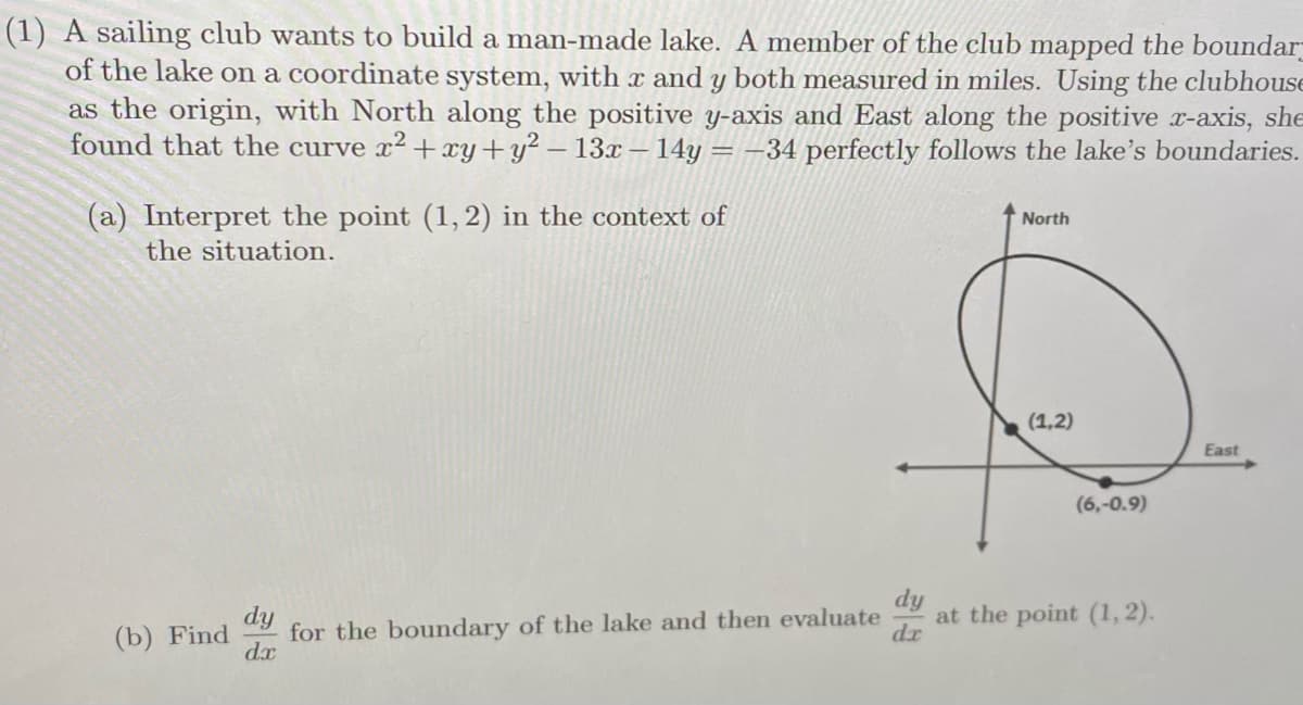 (1) A sailing club wants to build a man-made lake. A member of the club mapped the boundar
of the lake on a coordinate system, with x and y both measured in miles. Using the clubhouse
as the origin, with North along the positive y-axis and East along the positive x-axis, she
found that the curve x2+xy+y² – 13x – 14y = –34 perfectly follows the lake's boundaries.
(a) Interpret the point (1,2) in the context of
the situation.
North
(1,2)
East
(6,-0.9)
for the boundary of the lake and then evaluate
dx
dy
at the point (1, 2).
dr
dy
(b) Find
