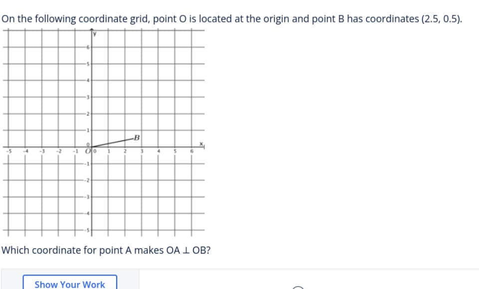 On the following coordinate grid, point O is located at the origin and point B has coordinates (2.5, 0.5).
-B
Which coordinate for point A makes OA 1 OB?
Show Your Work
