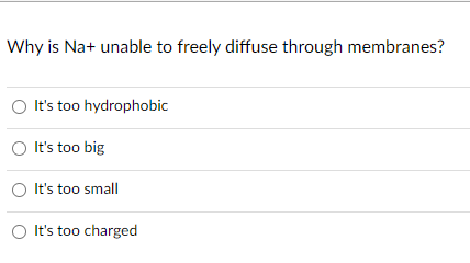 Why is Na+ unable to freely diffuse through membranes?
O It's too hydrophobic
O It's too big
O It's too small
O It's too charged
