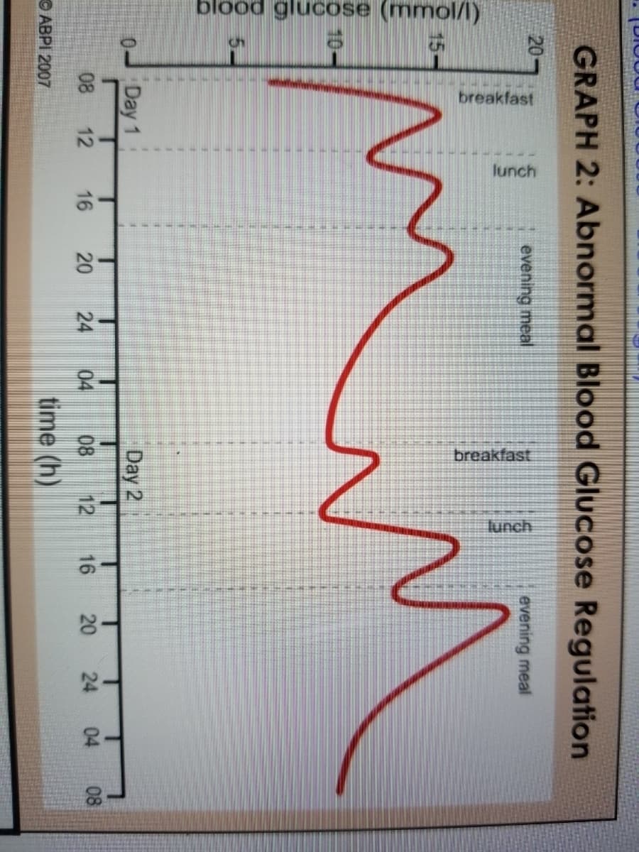 blood glucose (mmol/l)
breakfast
(12
lunch
breakfast
lunch
GRAPH 2: Abnormal Blood Glucose Regulation
20
evening meal
evening meal
15
10
5-
0 Day 1
Day 2
08
16
20
24
04
08
12
16
20
24
04 08
O ABPI 2007
time (h)
