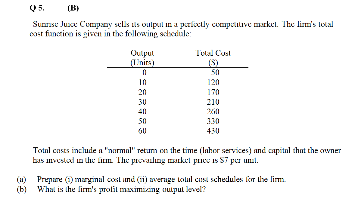 (a)
(b)
Q 5.
(B)
Sunrise Juice Company sells its output in a perfectly competitive market. The firm's total
cost function is given in the following schedule:
Output
(Units)
0
10
20
30
40
50
60
Total Cost
($)
50
120
170
210
260
330
430
Total costs include a "normal" return on the time (labor services) and capital that the owner
has invested in the firm. The prevailing market price is $7 per
unit.
Prepare (1) marginal cost and (ii) average total cost schedules for the firm.
What is the firm's profit maximizing output level?