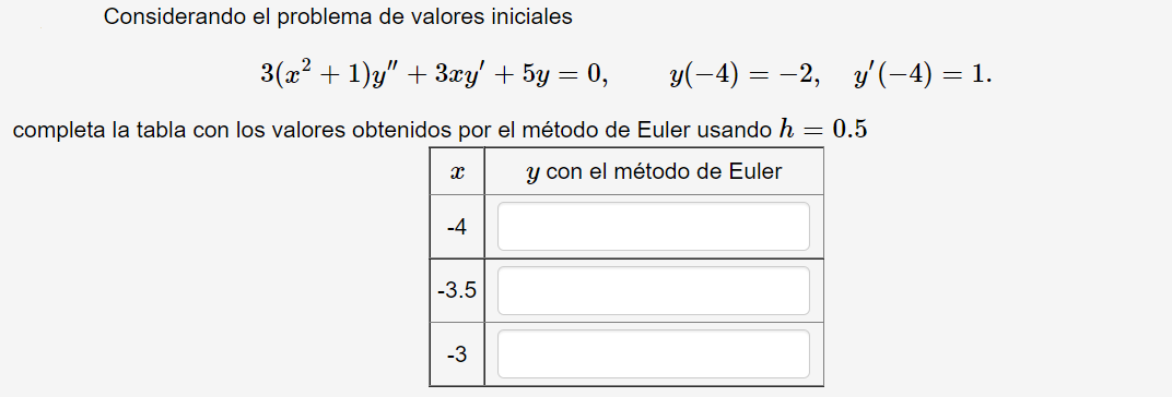 Considerando el problema de valores iniciales
3(x? + 1)y" + 3æy' + 5y = 0,
у(-4) — — 2, у'(-4) — 1.
completa la tabla con los valores obtenidos por el método de Euler usando h = 0.5
y con el método de Euler
-4
-3.5
-3
