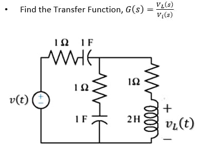 Vz(s)
Find the Transfer Function, G(s) = "26)
Vị(s)
In IF
v(t)
+
1F
2H
vi(t)
