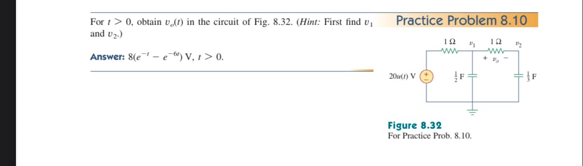 Practice Problem 8.10
For t > 0, obtain v,(t) in the circuit of Fig. 8.32. (Hint: First find v1
and v2.)
10
12
Answer: 8(e – e-6) V, t > 0.
+ v,
20u(1) V
F
Figure 8.32
For Practice Prob. 8.10.
