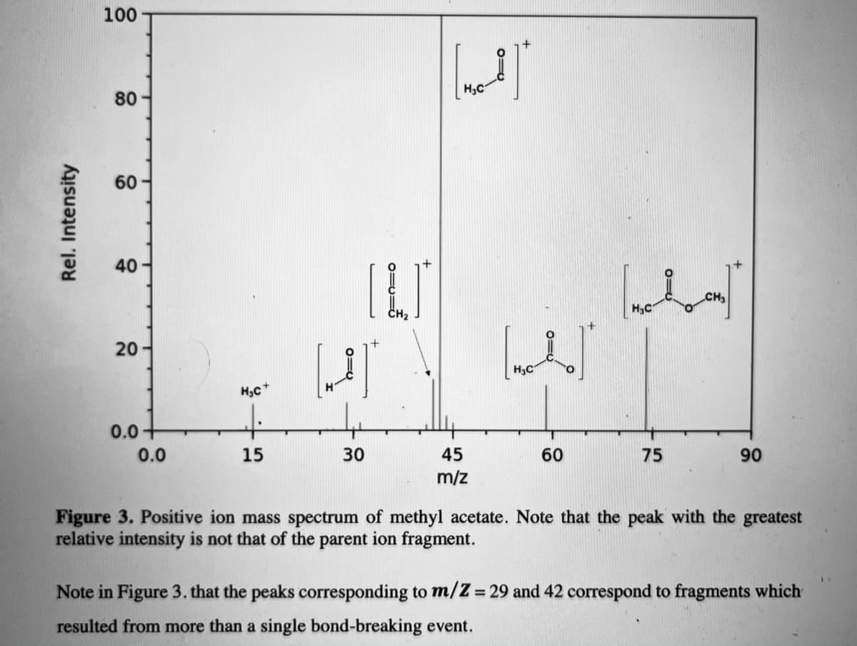 100
80
H3C
60
40
CH3
H3C
20
H3C
0.0
0.0
15
30
45
60
75
90
m/z
Figure 3. Positive ion mass spectrum of methyl acetate. Note that the peak with the greatest
relative intensity is not that of the parent ion fragment.
Note in Figure 3. that the peaks corresponding to m/Z= 29 and 42 correspond to fragments which
resulted from more than a single bond-breaking event.
Rel. Intensity
0=U
