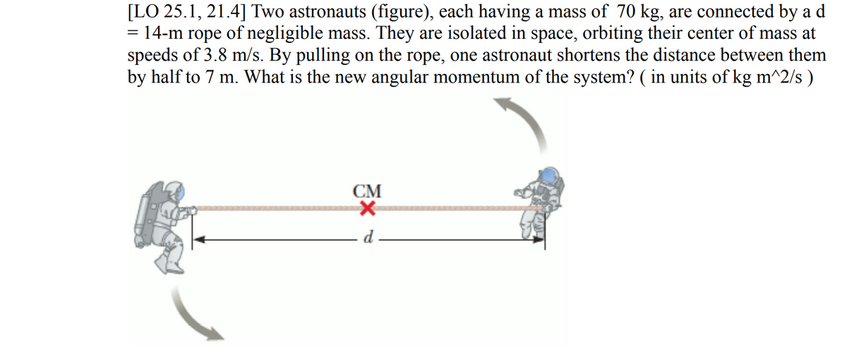 [LO 25.1, 21.4] Two astronauts (figure), each having a mass of 70 kg, are connected by a d
= 14-m rope of negligible mass. They are isolated in space, orbiting their center of mass at
speeds of 3.8 m/s. By pulling on the rope, one astronaut shortens the distance between them
by half to 7 m. What is the new angular momentum of the system? ( in units of kg m^2/s )
CM
d
