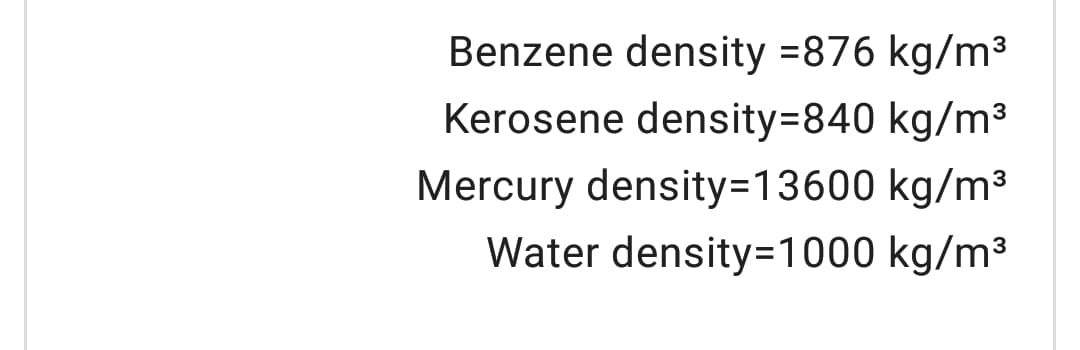 Benzene density =876 kg/m3
Kerosene density=840 kg/m3
Mercury density=D13600 kg/m³
Water density=1000 kg/m³
