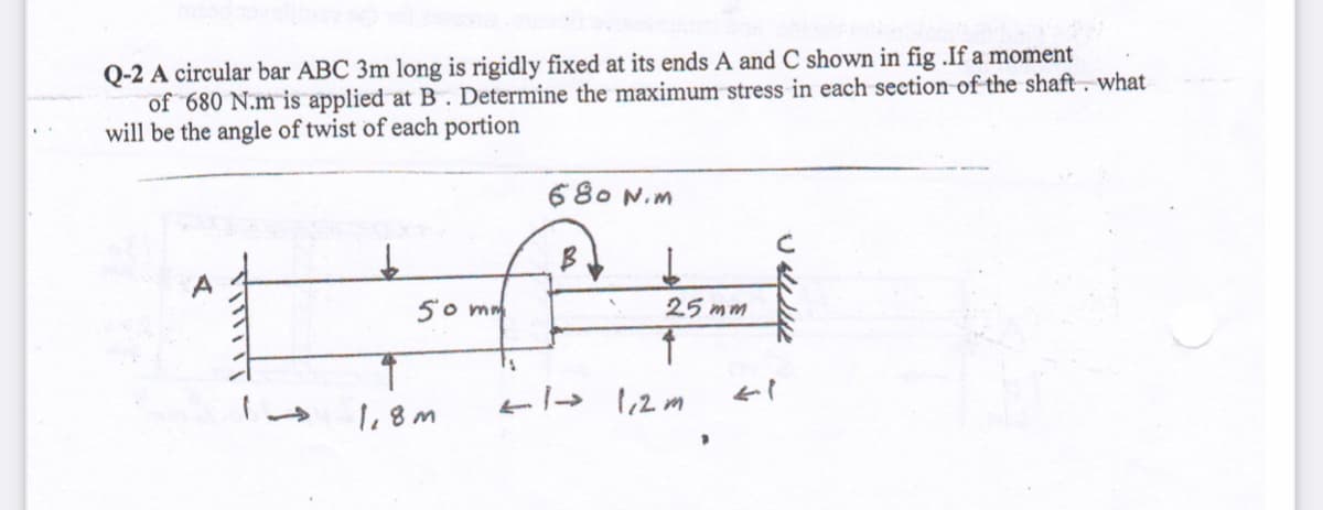 Q-2 A circular bar ABC 3m long is rigidly fixed at its ends A and C shown in fig .If a moment
of 680 N.m is applied at B. Determine the maximum stress in each section of the shaft. what
will be the angle of twist of each portion
680 N.m
B
50 mm
25 mm
+- 1,2m
1,8m
U ル
