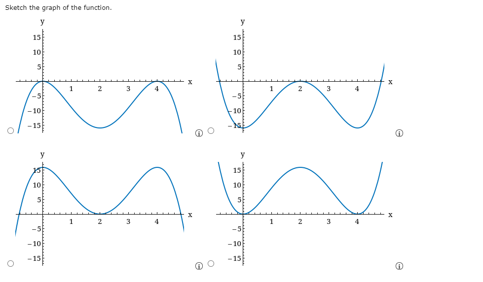 Sketch the graph of the function.
y
y
15
15
10
10
5
1
2
3
4
1
2
3
4
-5
-5
- 10
10
15
y
y
15
10
10
5
5
1
2
3
4
1
4
- 10
-10E
- 15
