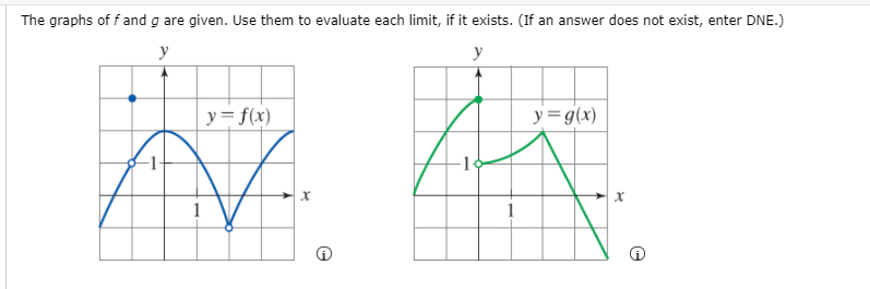 The graphs of f and g are given. Use them to evaluate each limit, if it exists. (If an answer does not exist, enter DNE.)
y
y= f(x)
y = g(x)

