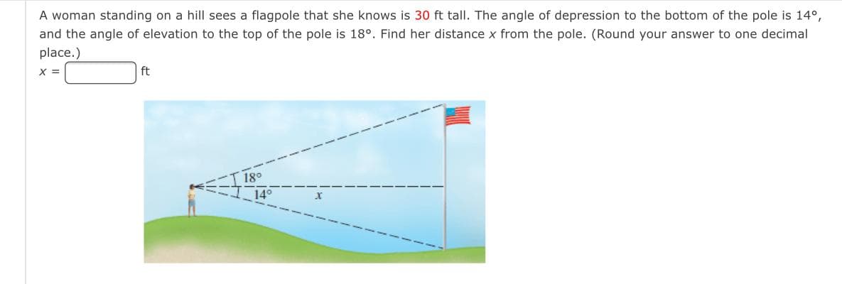 A woman standing on a hill sees a flagpole that she knows is 30 ft tall. The angle of depression to the bottom of the pole is 14°,
and the angle of elevation to the top of the pole is 18°. Find her distance x from the pole. (Round your answer to one decimal
place.)
X =
ft
18°
14°
