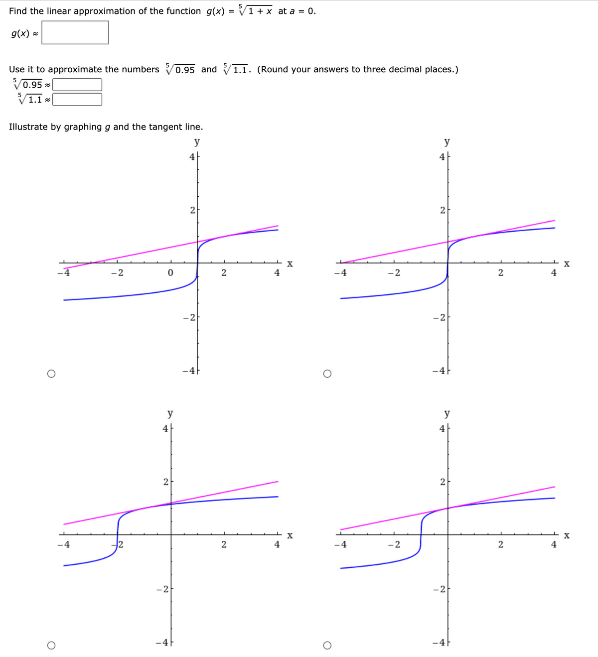 Find the linear approximation of the function g(x) = V1 + x at a = 0.
g(x) -
Use it to approximate the numbers V0.95 and V1.1. (Round your answers to three decimal places.)
0.95 =
1.1 =
Illustrate by graphing g and the tangent line.
y
y
2
2
X
-4
-2
2
4
-4
-2
4
-2
-4F
-4F
y
y
4
4|
2
2
X
X
2
2
-4
-2
-2
-2
-4F
2.
