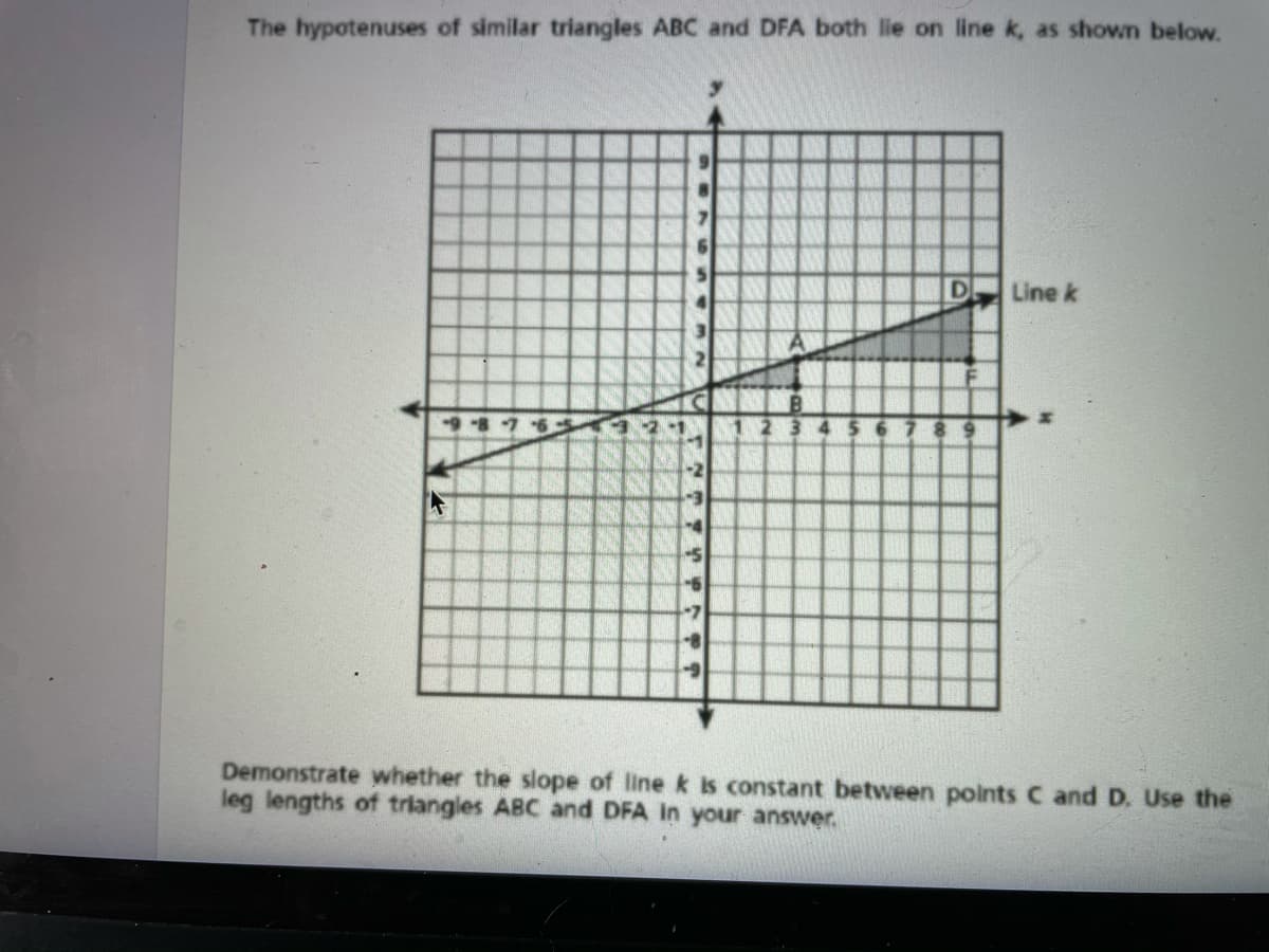 The hypotenuses of similar triangles ABC and DFA both lie on line k, as shown below.
Line k
98
-5
-6
-7
Demonstrate whether the slope of line k is constant between points C and D. Use the
leg lengths of triangles ABC and DFA In your answer.
