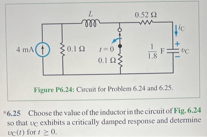 4 mA
30.1Ω
L
эт
t = 0
ΩΣ
0.1 Q2
0.52 Ω
1
1.8
F
Figure P6.24: Circuit for Problem 6.24 and 6.25.
Lic
VC
*6.25 Choose the value of the inductor in the circuit of Fig. 6.24
so that uc exhibits a critically damped response and determine
vc(t) for t≥ 0.
