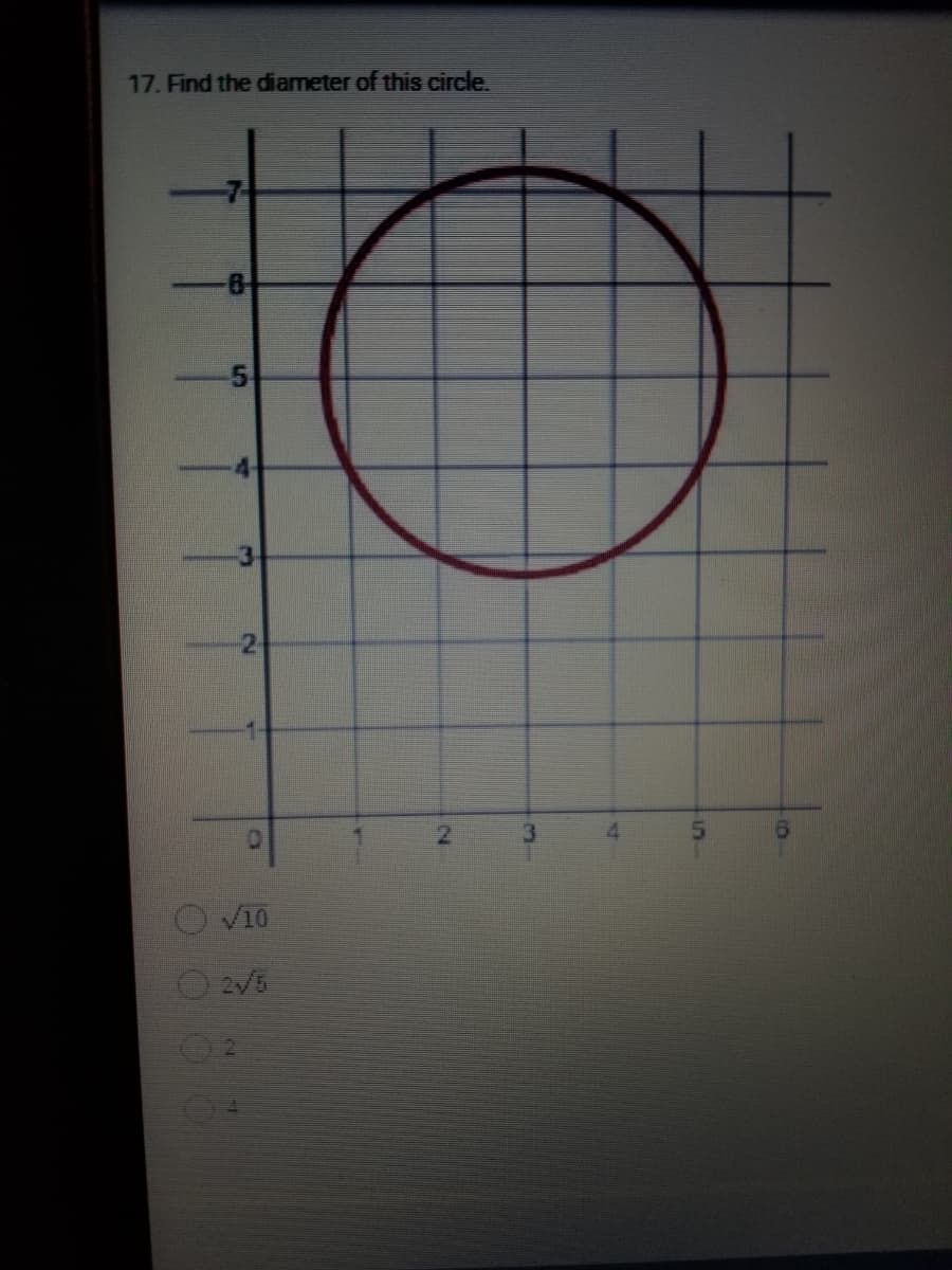17. Find the diameter of this circle.
0
5
ST
2
✓/10
N
U
2√5
H
IN
C
A
5
16