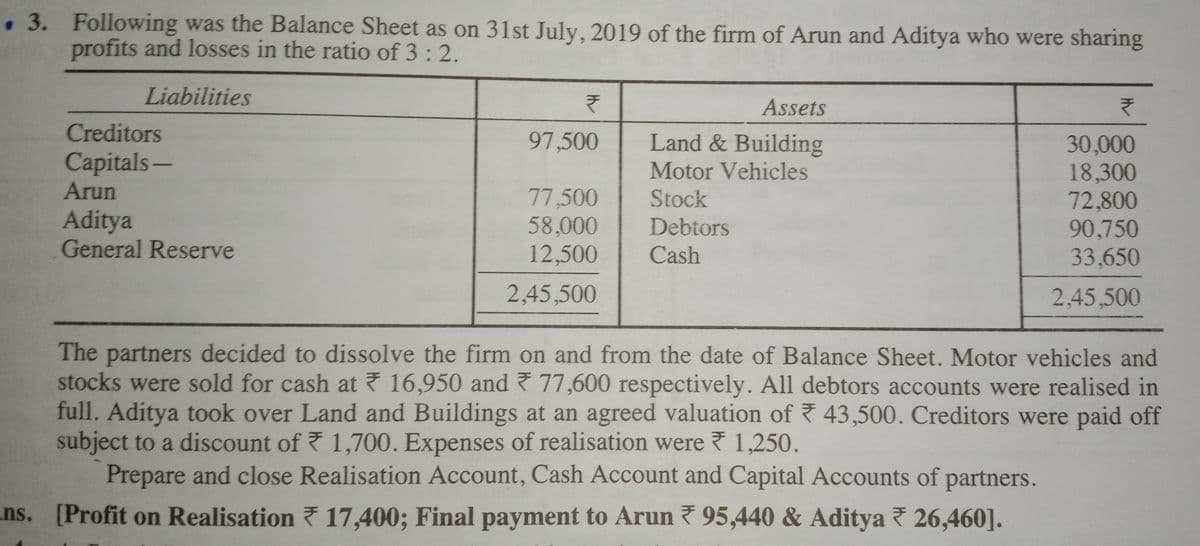 • 3. Following was the Balance Sheet as on 31st July, 2019 of the firm of Arun and Aditya who were sharing
profits and losses in the ratio of 3 : 2.
Liabilities
Assets
Creditors
97,500
Land & Building
30,000
18,300
72,800
90,750
33,650
Capitals-
Arun
Motor Vehicles
77,500
58,000
12,500
Stock
Aditya
General Reserve
Debtors
Cash
2,45,500
2,45,500
The partners decided to dissolve the firm on and from the date of Balance Sheet. Motor vehicles and
stocks were sold for cash at 7 16,950 and 77,600 respectively. All debtors accounts were realised in
full. Aditya took over Land and Buildings at an agreed valuation of 43,500. Creditors were paid off
subject to a discount of 7 1,700. Expenses of realisation were 1,250.
Prepare and close Realisation Account, Cash Account and Capital Accounts of partners.
ns. [Profit on Realisation 17,400; Final payment to Arun 7 95,440 & Aditya 26,460].
