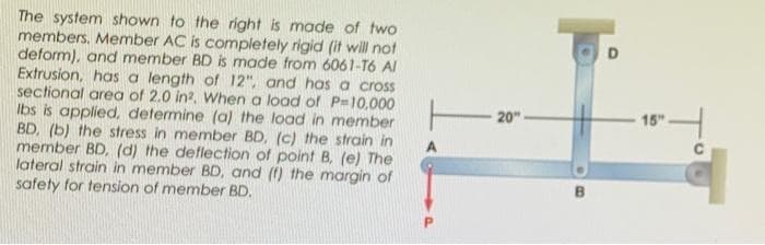 The system shown to the right is made of two
members, Member AC is completely rigid (it will not
deform), and member BD is made from 6061-T6 AI
Extrusion, has a length of 12", and has a cross
sectional area of 2.0 in?. When a load of P=10,000
Ibs is applied, determine (a) the load in member
BD, (b) the stress in member BD, (c) the strain in
member BD, (d) the deflection of point B, (e) The
lateral strain in member BD, and (f) the margin of
safety for tension of member BD.
20".
15"
A
P.
