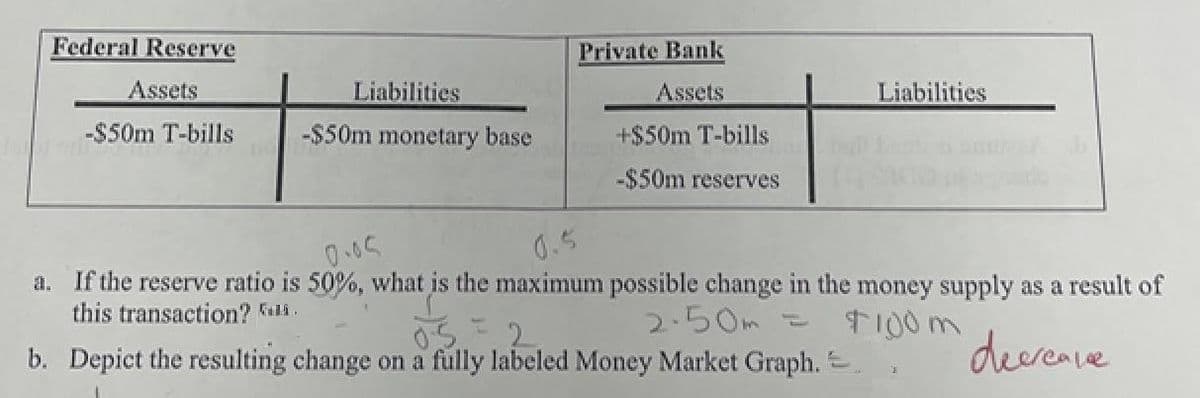 Federal Reserve
Private Bank
Assets
Liabilities
Assets
Liabilities
-$50m T-bills
-$50m monetary base
+$50m T-bills
-$50m reserves
0.05
0.5
a. If the reserve ratio is 50%, what is the maximum possible change in the money supply as a result of
this transaction? Eli.
2·50m こ
TI00m
05.2
b. Depict the resulting change on a fully labeled Money Market Graph.
deerenve
