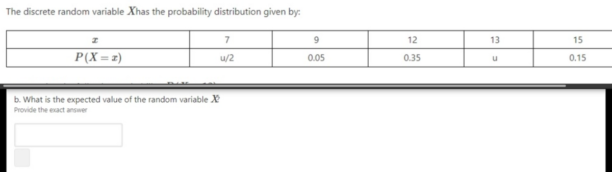 The discrete random variable Xhas the probability distribution given by:
7
9.
12
13
15
P(X=x)
u/2
0.05
0.35
0.15
u
b. What is the expected value of the random variable X
Provide the exact answer
