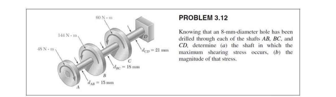 60 N- m
PROBLEM 3.12
Knowing that an 8-mm-diameter hole has been
drilled through each of the shafts AB, BC, and
CD, determine (a) the shaft in which the
maximum shearing stress
magnitude of that stress.
144 N. m.
D
48 N- m
den= 21 mm
occurs, (b) the
dnc = 18 mm
dAn = 15 mm
