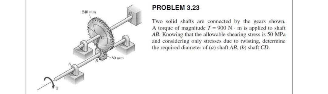 PROBLEM 3.23
240 mm
Two solid shafts are connected by the gears shown.
A torque of magnitude T = 900N m is applied to shaft
AB. Knowing that the allowable shearing stress is 50 MPa
and considering only stresses due to twisting, determine
the required diameter of (a) shaft AB. (b) shaft CD.
S0 mm
