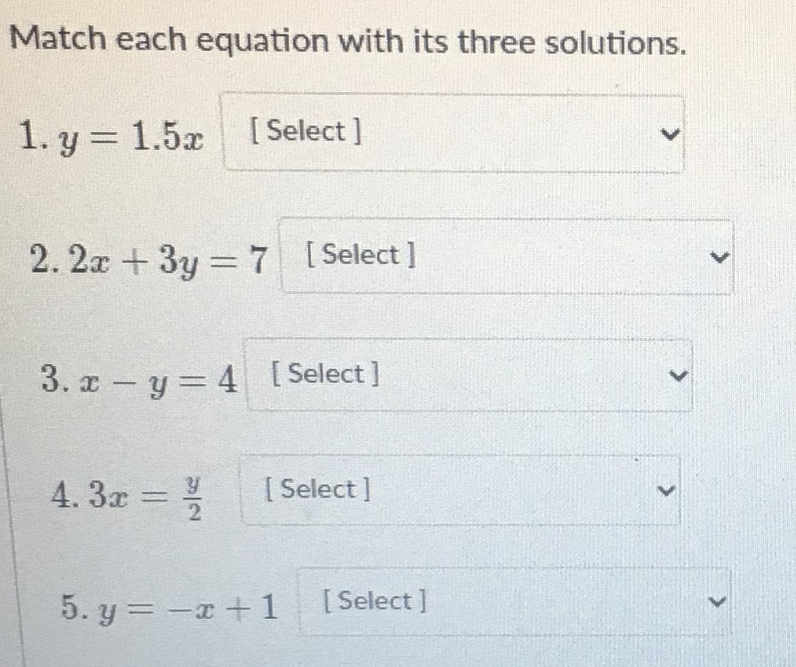 Match each equation with its three solutions.
1. y = 1.5x I Select ]
2. 2x + 3y = 7 [Select]
%3D
3. x - y= 4 [ Select]
4. 3x =
[ Select ]
2.
5. y =-x +1
[ Select ]
>
