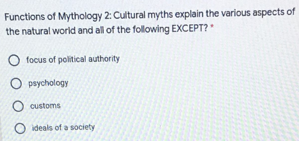 Functions of Mythology 2: Cultural myths explain the various aspects of
the natural world and all of the following EXCEPT? *
O focus of political authority
O psychology
O customs
O ideals of a society
