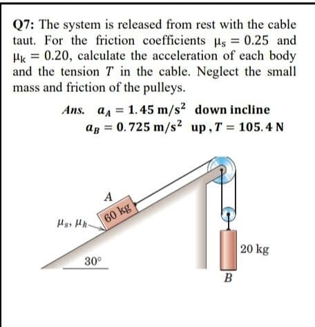 Q7: The system is released from rest with the cable
taut. For the friction coefficients us 0.25 and
Hx = 0.20, calculate the acceleration of each body
and the tension T in the cable. Neglect the small
mass and friction of the pulleys.
Ans. an = 1.45 m/s? down incline
ag = 0.725 m/s² up,T = 105.4 N
A
60 kg
30°
20 kg
B
