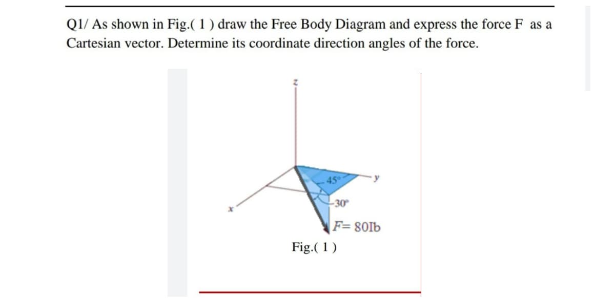 Q1/ As shown in Fig.( 1 ) draw the Free Body Diagram and express the force F as a
Cartesian vector. Determine its coordinate direction angles of the force.
45°
-30°
F= 801b
Fig.( 1 )
