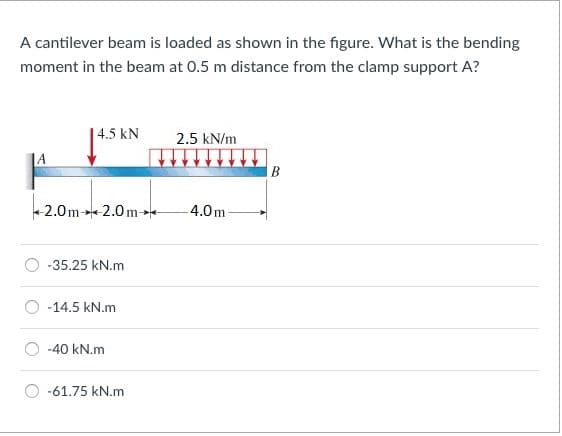 A cantilever beam is loaded as shown in the figure. What is the bending
moment in the beam at 0.5 m distance from the clamp support A?
| 4.5 kN
2.5 kN/m
JA
В
+2.0m→2.0me
4.0m-
-35.25 kN.m
-14.5 kN.m
-40 kN.m
-61.75 kN.m
