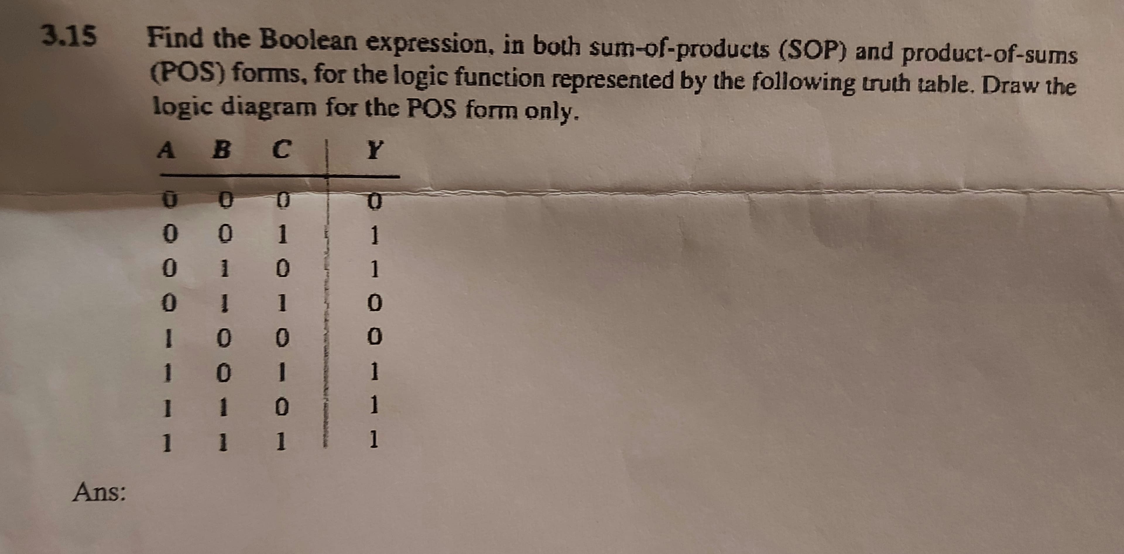 3.15
Find the Boolean expression, in both sum-of-products (SOP) and product-of-sums
(POS) forms, for the logic function represented by the following truth table. Draw the
logic diagram for the POS form only.
A B C
1
1
1
1
100
1 0
1 1
1
1
1
1
1 1
1
Ans:
