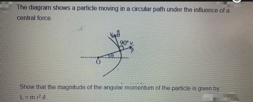 The diagram shows a particle moving in a circular path under the influence of a
central force.
90 v,
Show that the magnitude of the angular momentum of the particle is given by
L-=mr2e
