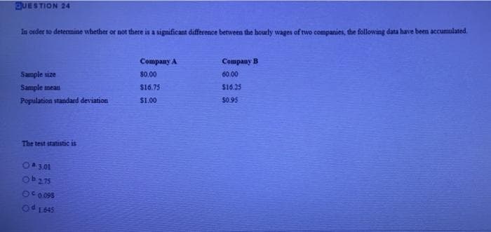 DUESTION 24
In order to determine whether or not there is a significant difference between the hourly wages of two companies, the following data have been accumulated.
Company A
Company B
Sample size
80.00
60.00
Sample mean
$16.75
$16.25
Population standard deviation
S1.00
S0 95
The test statistic is
64301
Ob275
Od 1645
