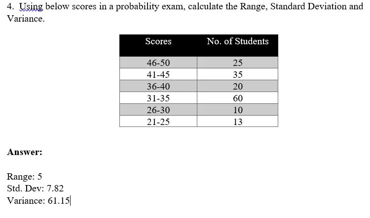 4. Using below scores in a probability exam, calculate the Range, Standard Deviation and
Variance.
Scores
No. of Students
46-50
25
41-45
35
36-40
20
31-35
60
26-30
10
21-25
13
Answer:
Range: 5
Std. Dev: 7.82
Variance: 61.15
