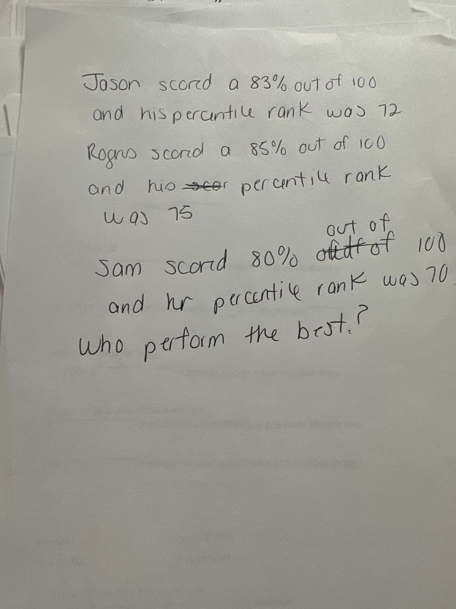 Jason scored a 83% out of 100
and his perantile rank was 12
Rogns scored a 85% out of 100
his car percentile rank
and
was 75
out of
Sam Scond 80% out of 100
and hur percentile rank was 70
who perform the best.?