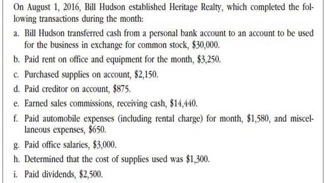 On August 1, 2016, Bill Hudson established Heritage Realty, which completed the fol-
lowing transactions during the month:
a. Bill Hudson transferred cash from a personal bank account to an account to be used
for the business in exchange for common stock, $30,000.
b. Paid rent on office and equipment for the month, $3,250.
c. Purchased supplies on account, $2,150.
d. Paid creditor on account, $875.
e. Earned sales commissions, receiving cash, $14,440.
f. Paid automobile expenses (including rental charge) for month, $1,580, and miscel-
laneous expenses, $650.
g. Paid office salaries, $3,000.
h. Determined that the cost of supplies used was $1,300.
i. Paid dividends, $2,500.
