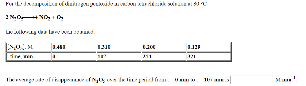 For the decomposition of dinitrogen pentoxide in carbon tetrachloride solution at 30 °C
2 N2054 NO2 + 02
the following data have been obtained:
N2O5], M
0.480
0.310
0,200
0.129
time, min
107
214
321
The average rate of disappearance of N,05 over the time period from t = 0 min to t = 107 min is
M min !
