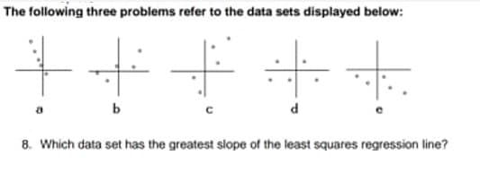 The following three problems refer to the data sets displayed below:
++++
a
b
8. Which data set has the greatest slope of the least squares regression line?
