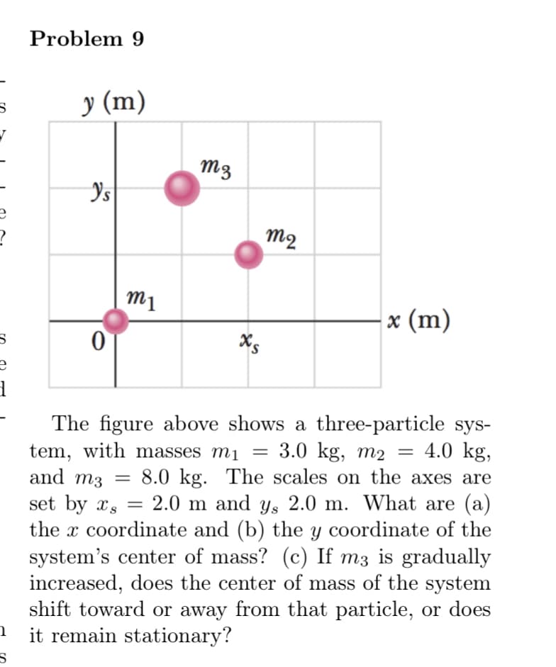 Problem 9
y (m)
m3
Ys
m2
m1
x (m)
X.
The figure above shows a three-particle sys-
4.0 kg,
tem, with masses mị
3.0 kg, m2
and m3 = 8.0 kg. The scales on the axes are
set by x, = 2.0 m and ys 2.0 m. What are (a)
the x coordinate and (b) the y coordinate of the
system's center of mass? (c) If m3 is gradually
increased, does the center of mass of the system
shift toward or away from that particle, or does
it remain stationary?
