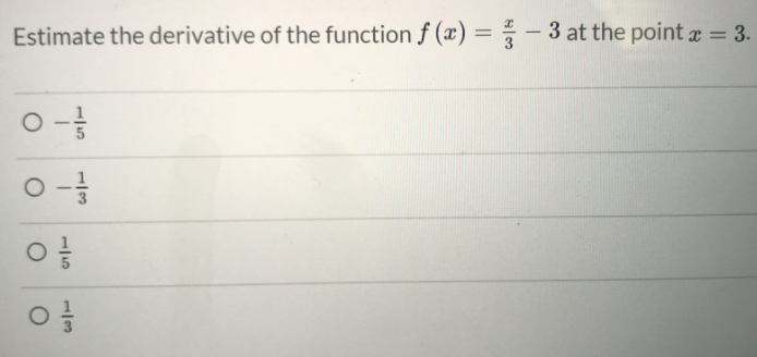 Estimate the derivative of the function f (x) =: -3 at the point a = 3.
