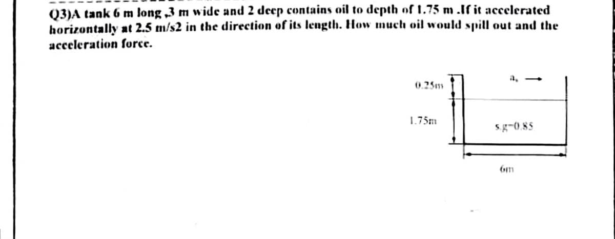 Q3)A tank 6 m long ,3 m wide and 2 deep contains oil to depth of 1.75 m .If it accelerated
horizontally at 2.5 m/s2 in the direction of its length. How much oil would spill out and the
acceleration force.
ו$11ב.0
1.75m
sg-0.85
