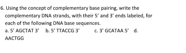 6. Using the concept of complementary base pairing, write the
complementary DNA strands, with their 5' and 3' ends labeled, for
each of the following DNA base sequences.
a. 5' AGCTAT 3' b. 5' TTACCG 3'
c. 3' GCATAA 5' d.
AACTGG
