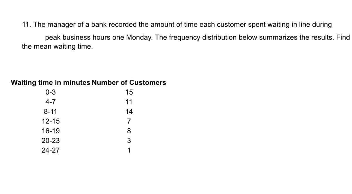 11. The manager of a bank recorded the amount of time each customer spent waiting in line during
peak business hours one Monday. The frequency distribution below summarizes the results. Find
the mean waiting time.
Waiting time in minutes Number of Customers
0-3
15
4-7
11
8-11
14
12-15
7
16-19
20-23
3
24-27
1
