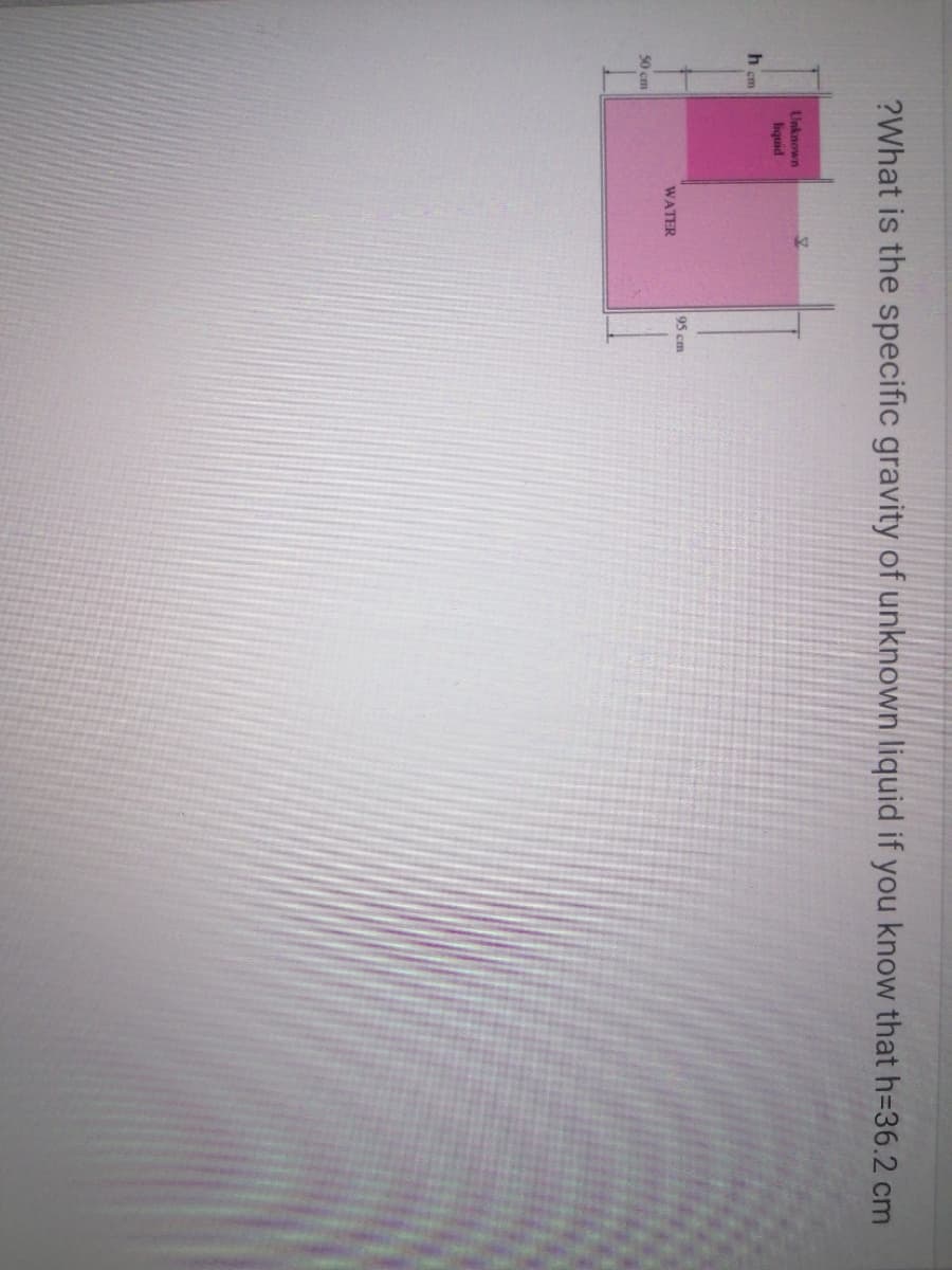 ?What is the specific gravity of unknown liquid if you know that h=36.2 cm
Unknown
liquid
h cm
95 cm
WATER
50 cm
