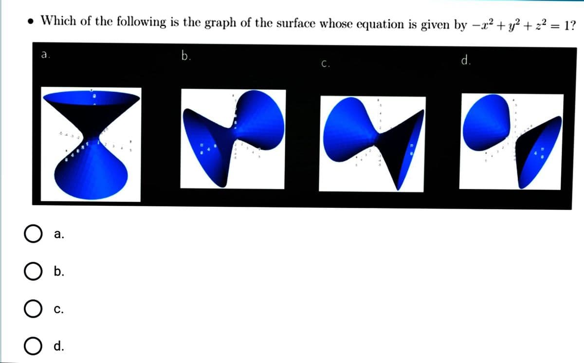 • Which of the following is the graph of the surface whose equation is given by –x² + y² + z² = 1?
а.
b.
d.
С.
a.
b.
С.
O d.
