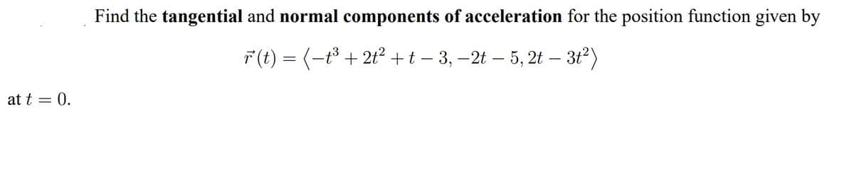 Find the tangential and normal components of acceleration for the position function given by
7 (t) = (-t³ + 2t +t – 3, –2t – 5, 2t – 3t2)
at t = 0.
